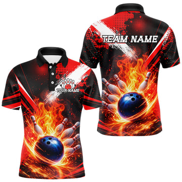 Maxcorners Custom Black and Red Flame Bowling Jersey Bowling Polo, 1/4 Zip Shirts for Men, Team bowling outfit LM0402