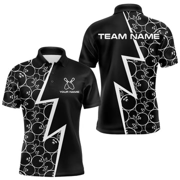 Maxcorners Black & White Lightning Camo Bowling Polo, Quarter Zip Shirt For Men Custom Team Bowling Jersey LM2603