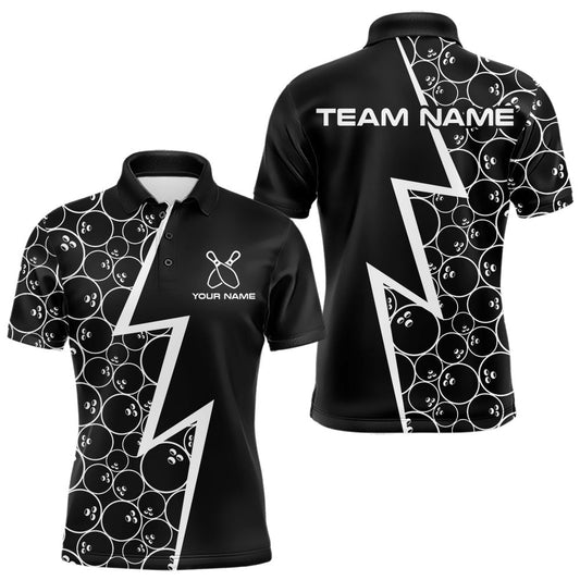 Maxcorners Black & White Lightning Camo Bowling Polo, Quarter Zip Shirt For Men Custom Team Bowling Jersey LM2603
