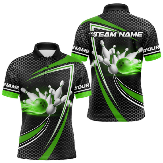 Maxcorners Black and Green Flame Bowling Shirts For Men Custom Team Bowling Jersey, Gift For Bowlers LM2603