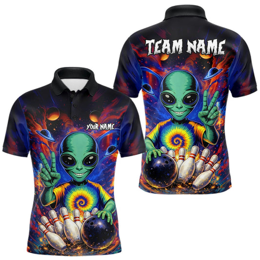 Maxcorners Funny Colorful Galaxy Alien Bowling Shirts For Men Custom Bowling Team Outfit, Gift For Bowler LM1104