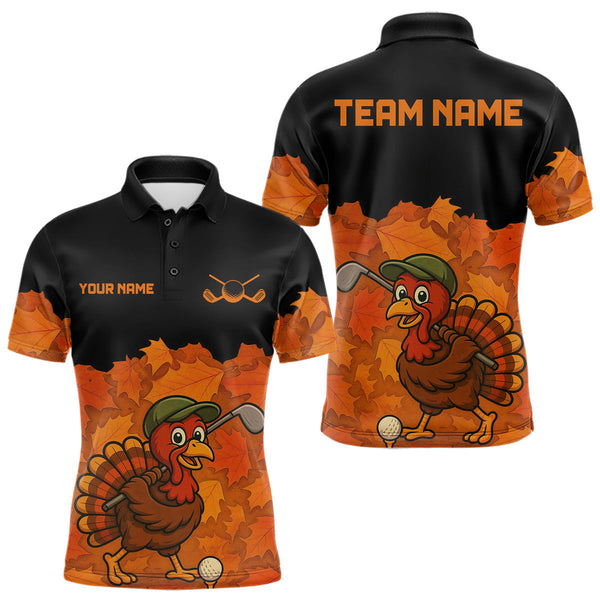Maxcorners Black and Orange Autumn Leaf Custom Turkey Golf Polo Shirt For Men, Thanksgiving Golf Attire LM1809