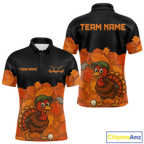 Maxcorners Black and Orange Autumn Leaf Custom Turkey Golf Polo Shirt For Men, Thanksgiving Golf Attire LM1809