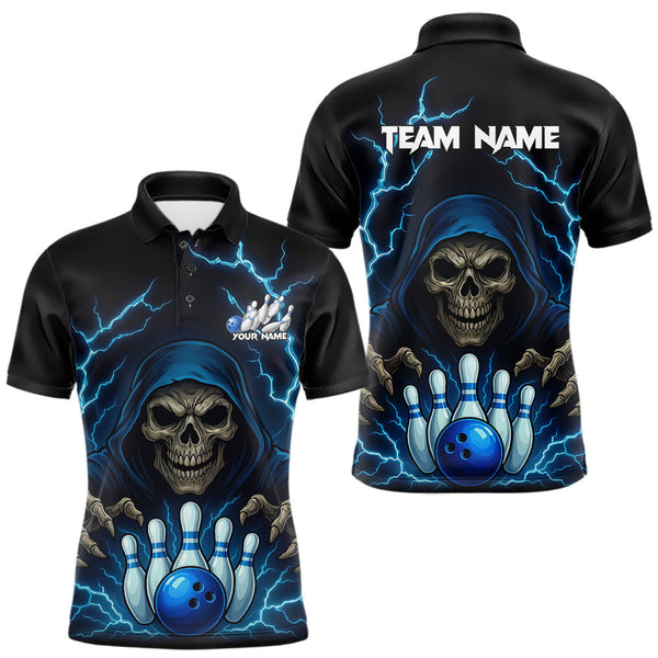 Maxcorners Black and Blue Lightning Thunder Reaper Skull Bowling Shirt For Men Custom Bowling Team League Jersey MT2009