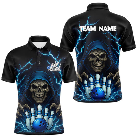 Maxcorners Black and Blue Lightning Thunder Reaper Skull Bowling Shirt For Men Custom Bowling Team League Jersey MT2009