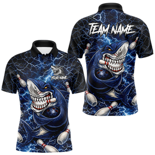Maxcorners Blue Lightning Thunder Angry Shark Bowling shirts For Men Custom Shark Bowling Team Jerseys