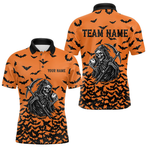 Maxcorners Black and Orange Bats Halloween Skull Reaper Bowling Shirts For Men Custom Bowling Team Jerseys LM2509