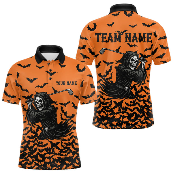 Maxcorners Black and Orange Bats Halloween Skull Reaper Golf Polo Shirt For Men Custom Halloween mens golf top LM2509