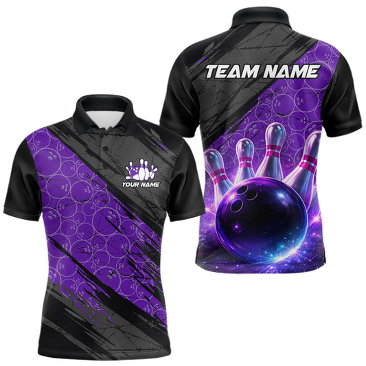 Maxcorners Black and Purple Bowling Camo Polo, 1/4 Zip Shirts for Men Custom Bowling Team League Jerseys LM1904