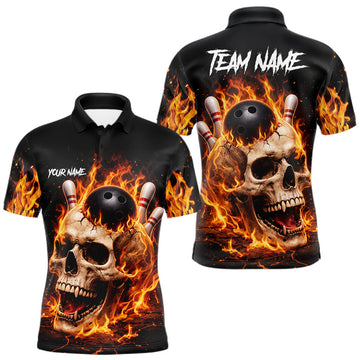 Maxcorners Flame Skull Bowling Polo, 1/4 zip shirts for men custom Skull team Bowling uniforms league jerseys LM2901