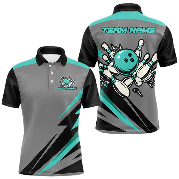 Maxcorners Personalized Gray and Turquoise Bowling Team Shirts For Men Custom Bowling Polo, Quarter Zip Shirts LM0910