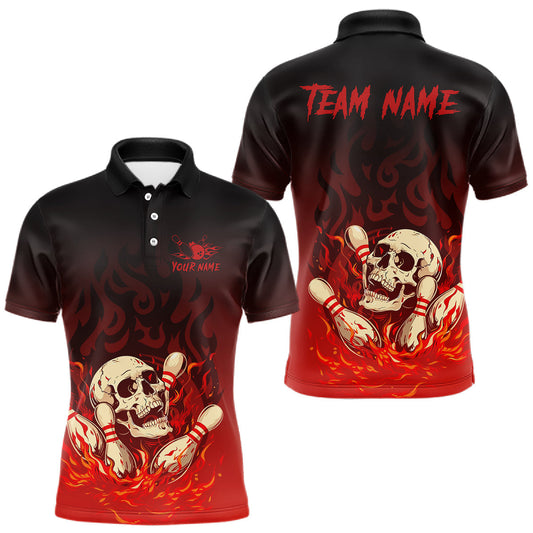 Maxcorners Red Skull Bowling Shirts With Flames custom quarter zip, polo team jerseys, bowling jerseys men LM2603