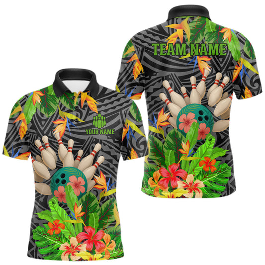 Maxcorners Green tropical flower tribal pattern Bowling Shirts For Men Custom Bowling Team Jersey Bowlers Outfit LM2603