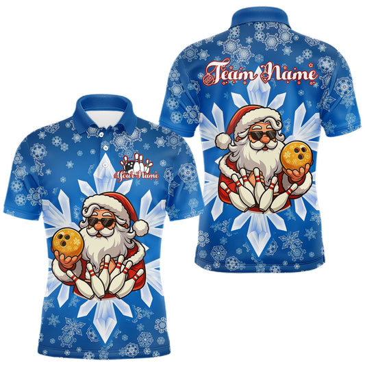 Maxcorners Blue Snowflake Funny Santa Bowling Shirts For Men Custom Christmas Bowling Team Jersey Xmas Gifts LM2603