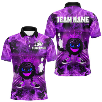 Maxcorners Funny Crown Bowling Purple Flame Bowling Polo, Quarter Zip Shirt For Men Custom Bowling Team Jersey LM0503