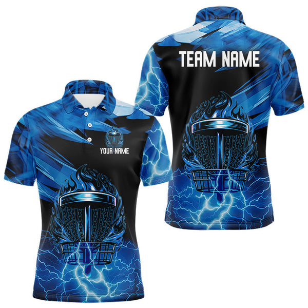 Maxcorners Black and Blue Flame Lightning Thunder Disc golf polo shirts For men Custom Mens disc golf attire MT1110