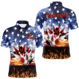 Maxcorners Custom American Flag Flame Bowling Polo, Quarter Zip Shirts For Men, Patriotic Bowling Team Jersey MT0811