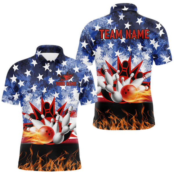 Maxcorners Custom American Flag Flame Bowling Polo, Quarter Zip Shirts For Men, Patriotic Bowling Team Jersey MT0811