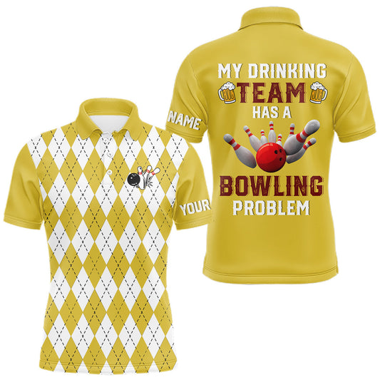 Maxcorners Yellow argyle pattern Beer Bowling Shirts For Men Custom My drinking team has a bowling problem LM2603