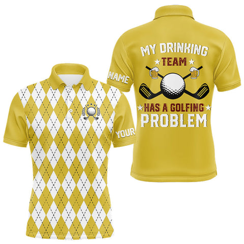 Maxcorners Yellow argyle pattern Beer Golf Polo Shirts For Men Custom My drinking team has a golfing problem LM1610