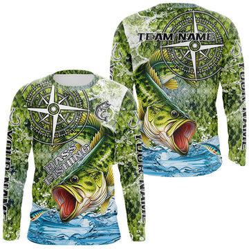 Maxcorners Personalized Largemouth Bass Fishing Shirts Green Scales Compass Performance Tournament Bass Jerseys LM1501