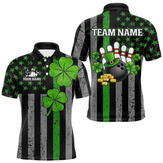 Maxcorners Custom Black Grunge US Flag Patriotic Bowling Shirt For Men Green Shamrock St Patrick Team Jersey LM1104