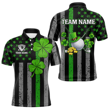 Maxcorners Custom Black Grunge US Flag Patriotic Golf Polo Shirts For Men Green Shamrock St Patrick Team Jersey LM1104