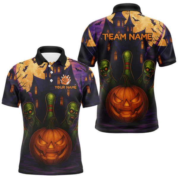 Maxcorners Funny Pumpkin Halloween Bowling Polo, Quarter Zip Shirts For Men Custom Bowling Team Jersey MT1309