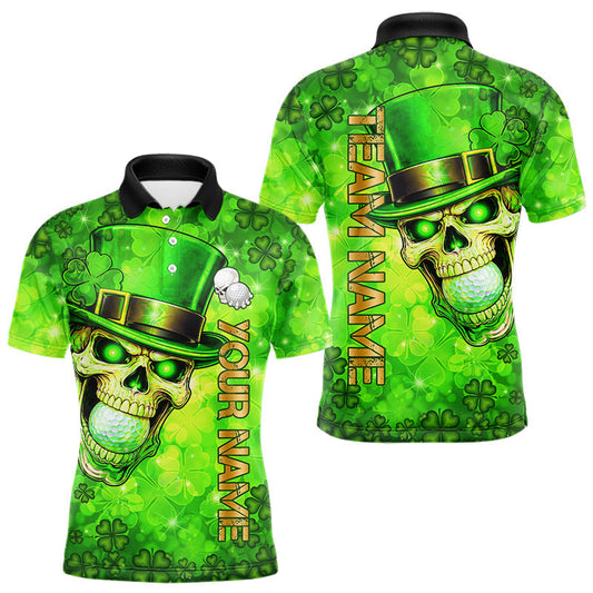 Maxcorners Funny Skull green shamrock pattern Golf Polo Shirts For Men Custom St Patrick's Day mens golf tops LM2602