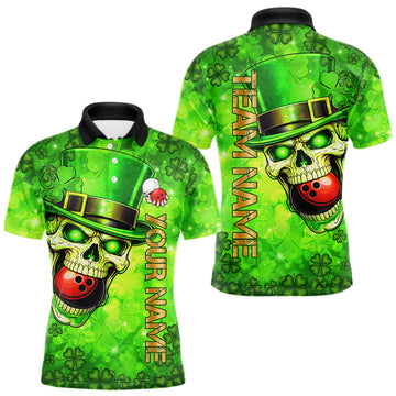 Maxcorners Funny Skull green shamrock pattern Bowling Shirt For Men Custom St Patrick's Day team bowling jerseys LM2602