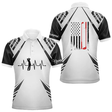 Maxcorners Black & White Golf Heartbeat American Flag Golf Polo Shirts for Men Custom Patriotic mens golf attire