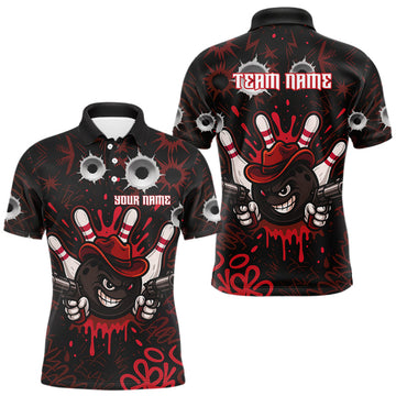 Maxcorners Funny Black and Red Bowling Cowboy gun Men bowling polo, 1/4 zip shirts Custom bowling team jersey LM1903