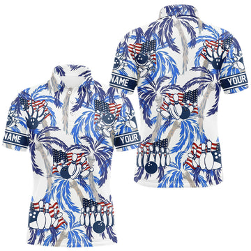 Maxcorners Blue Palm tropical pattern American Flag Bowling shirts For Men custom bowling team jerseys