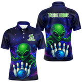 Maxcorners Funny Galaxy Alien Bowling Polo, 1/4 Zip Shirt For Men Custom Bowling Team Outfit, Gift For Bowler MT2009