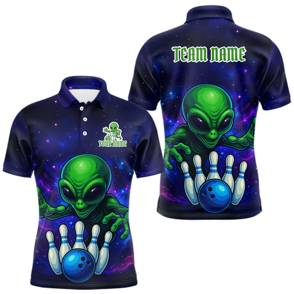 Maxcorners Funny Galaxy Alien Bowling Polo, 1/4 Zip Shirt For Men Custom Bowling Team Outfit, Gift For Bowler MT2009