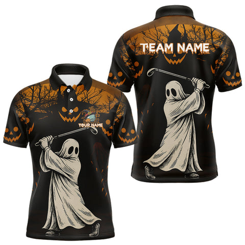 Maxcorners Funny black and orange Ghost Golfer Halloween Golf Polo Shirt For Men Custom golf attire for men MT2709
