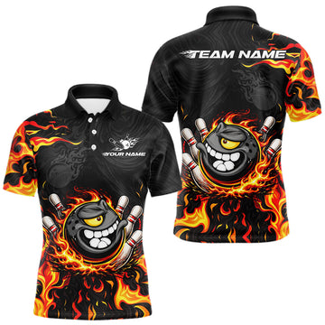 Maxcorners Funny Angry Bowling Polo, 1/4 Zip Shirt for Men Custom Black and Orange Flame Bowling Team jerseys LM2602