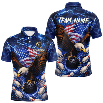 Maxcorners Blue Lightning Thunder US Flag Eagle Bowling Shirts for Men Custom Patriotic Team Bowling Jerseys  LM2901