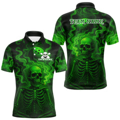 Maxcorners Custom Green Smoke Skull Bowling Polo, Quarter Zip Shirts For Men, Skull Team Bowling Jersey MT0410