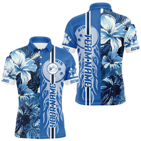 Maxcorners Blue tropical flower Flame Bowling Polo, Quarter Zip Shirts For Men Custom Bowler Gift Bowling Team MT0111