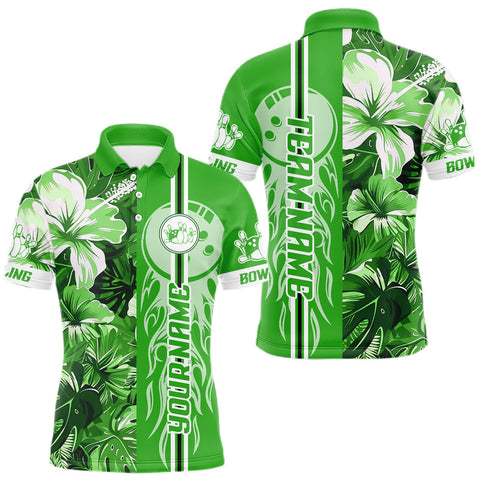 Maxcorners Green tropical flower Flame Bowling Polo, Quarter Zip Shirts For Men Custom Bowler Gift Bowling Team MT0111