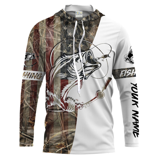Maxcorners Mens Bass Fishing American Camouflage Custom Name UV Protection Long Sleeves shirt - Bass Fisherman Personalized Gifts LM0201