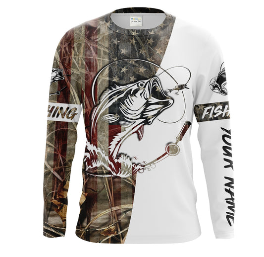 Maxcorners Mens Bass Fishing American Camouflage Custom Name UV Protection Long Sleeves shirt - Bass Fisherman Personalized Gifts LM0201