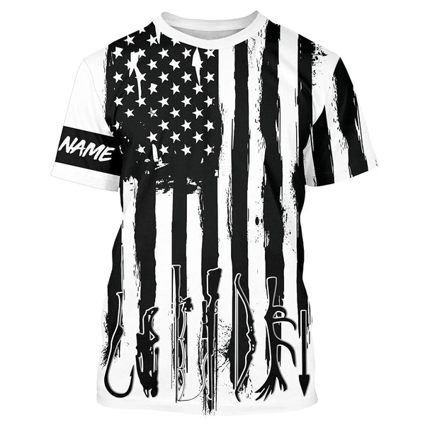 Maxcorners American Flag Fishing and Hunting black and white UV protection Customized name Shirt LM2608