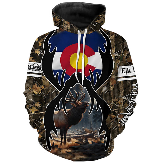 Maxcorners Elk Hunting Colorado Flag Custom Name Shirt 3D All Over Printed Clothes