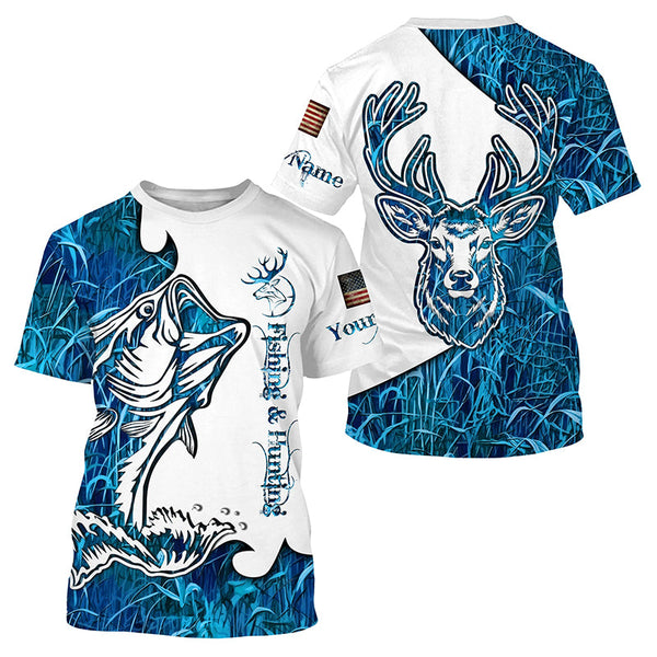 Maxcorners Fishing and Hunting Deer and Bass blue camo all over print Shirt, Hoodie - Personalized Gifts LM2608