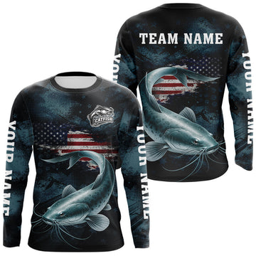 Maxcorners Personalized American Flag Catfish Fishing Shirts Long Sleeve, Patriotic Catfish Fishing LM1203