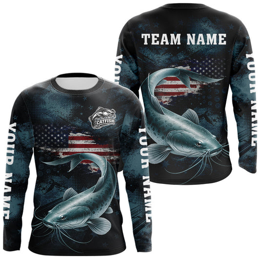 Maxcorners Personalized American Flag Catfish Fishing Shirts Long Sleeve, Patriotic Catfish Fishing LM1203