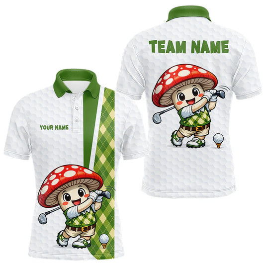 Maxcorners Funny Cartoon Mushroom Mens Golf Polo Shirt White Argyle Green Pattern Golf Shirt LM1005