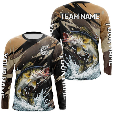 Maxcorners Brown Camo Walleye Fishing Shirts Long Sleeve, Custom Walleye Performance Fishing Apparel LM2602
